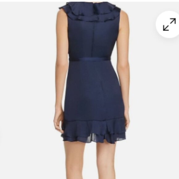 Bardot Satin Layered Frill Ruffle Faux Mini Wrap Mini Dress Navy Size 6/S NWT - Picture 2 of 10
